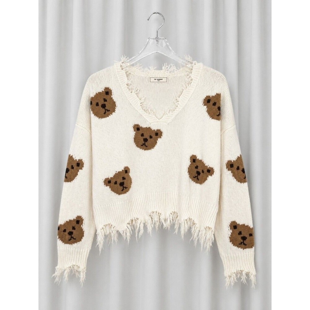 No Comment NY LA Soft Cream Teddy Bear Distressed Knit V-Neck Kawaii Sweater